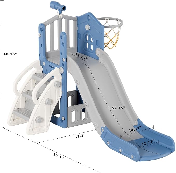 XJD 5 in 1 Toddler Slide, Kids Slide for Toddlers Age 1-3, Outdoor Indoor Playset for Toddlers with Basketball Hoop and Ball, Storage Space and Non-Slip Steps Telescope (Blue)