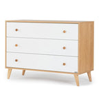 dadada Austin 3-Drawer Dresser for Nursery and Bedroom - Modern Design, Large Storage, Baby-Safe Finish, Soft Close Drawers, Anti-Tip Safety, Solid Wood Feet, Durable Construction (White+Red Oak)