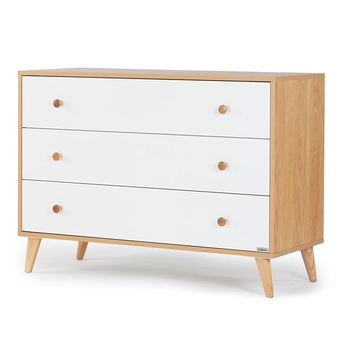dadada Austin 3-Drawer Dresser for Nursery and Bedroom - Modern Design, Large Storage, Baby-Safe Finish, Soft Close Drawers, Anti-Tip Safety, Solid Wood Feet, Durable Construction (White+Red Oak)