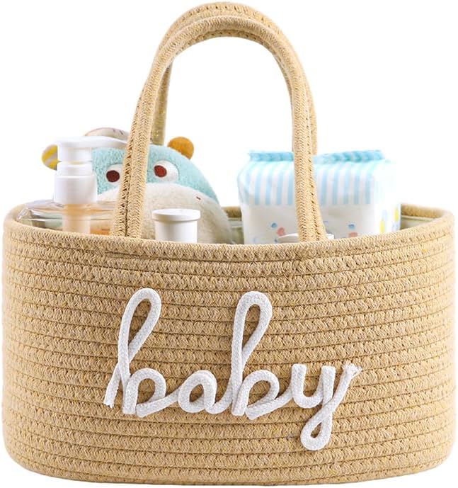 Baby Diaper Caddy Organizer, Nursery Storage Bin Basket for Baby Shower and Baby Wipes- Cotton Rope Portable Diaper Bag for Changing Table, Newborn Essentials Gift-Tan