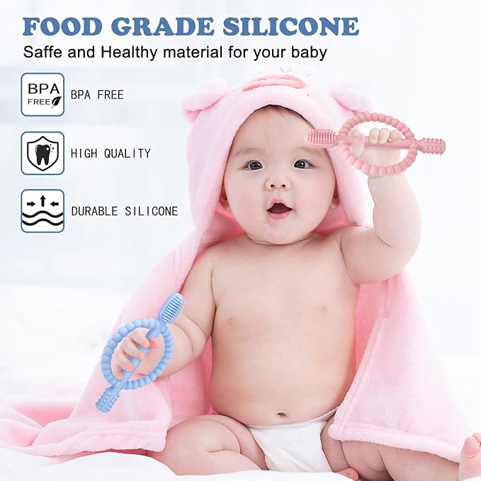 Baby Teething Toys with Easy-Hold Handle, Silicone Infant Toothbrush, Textured On Both Sides Helps Massage, Soothe Sore Gums, Teething Toys for Babies 0-6 Months, 6-12 Months