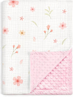 Floral Baby Blankets for Girls Newborn, Soft Nursery Minky Blankets with Muslin and Dotted Fleece Back 30x40 inches, Receiving Bed Quilt for Infants, Toddlers