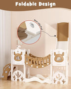 YUFU Toddler Slide Set, 11 in 1 Kids Slide for Toddlers 1-3, Toddler Playset with Climbing Bridge, Golf Set, Basketball Hoop, Indoor Outdoor Playground (Brown)