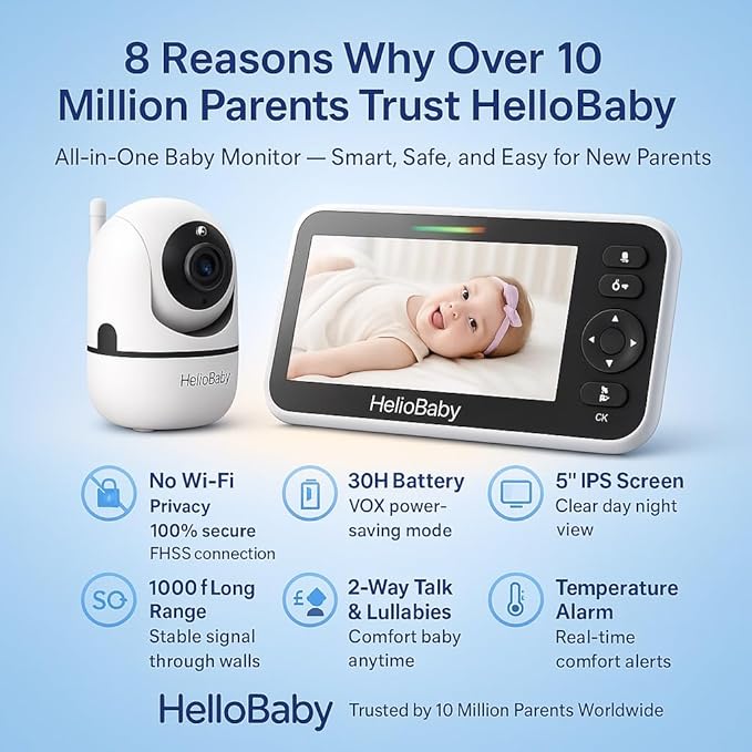 HelloBaby 5" Screen Baby Monitor with 3 Cameras - No WiFi HB6550 Video Baby Monitor, 1000ft Long Range, ECO, 26 Hour Battery, Pan-Tilt-Zoom Night Vision, Temperature Sensor & 2-Way Audio, 8 Lullabies