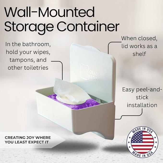 Bathroom Wipes Holder Dispenser with Shelf – Restroom Organizer & Wipe Holder for Bathroom – Tool Free Wall Mounted Baby Wipe Holder by Storage Theory – White, 2 Pack