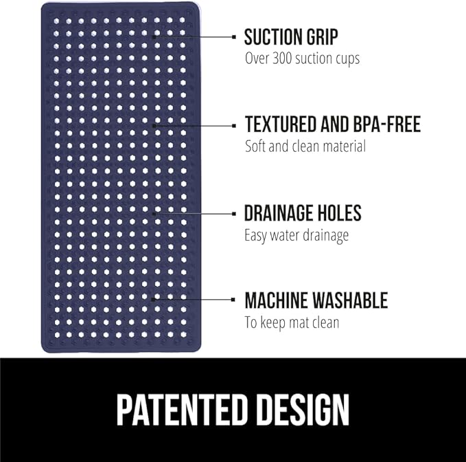 GORILLA GRIP Patented Bath Tub Shower Mat, Machine Washable Bathtub Floor Liner Mats, Suction Cups and Drain Holes to Keep Tubs Clean, Soft on Feet, Bathroom Essentials, 35x16 Inch, Navy Opaque