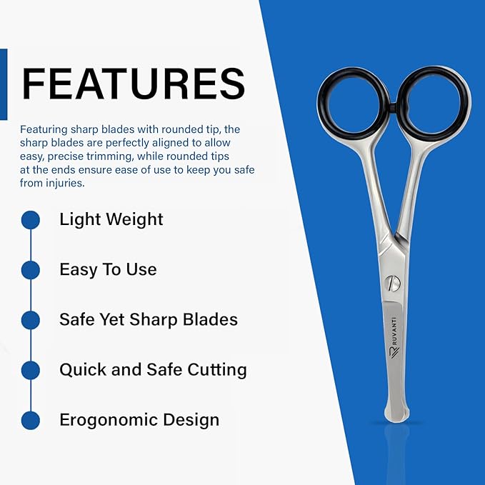 Ruvanti 5.2" Kids Hair Cutting Scissors - Safety Rounded Tip Barber Shears for Children, Infants & Facial Hair Trimming - Sharp Stainless Steel Blades, Ergonomic Grip - Ideal for Home & Salon Use