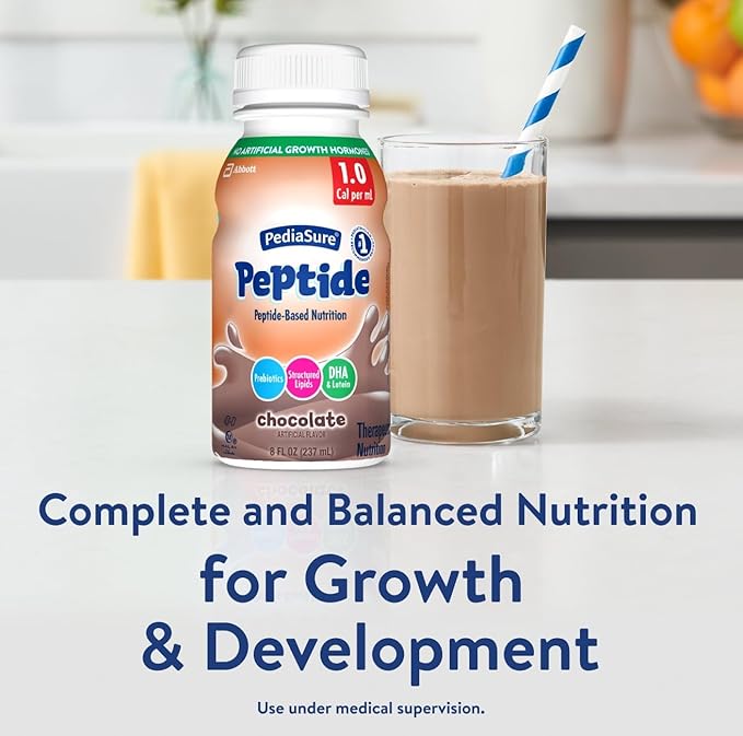 PediaSure Peptide 1.0 Cal,24 Count,Complete,Balanced Nutrition for Kids with GI Conditions,Peptide-Based Formula,with 7g Protein and Prebiotics,for Oral or Tube Feeding,Chocolate,8-fl-oz Bottle
