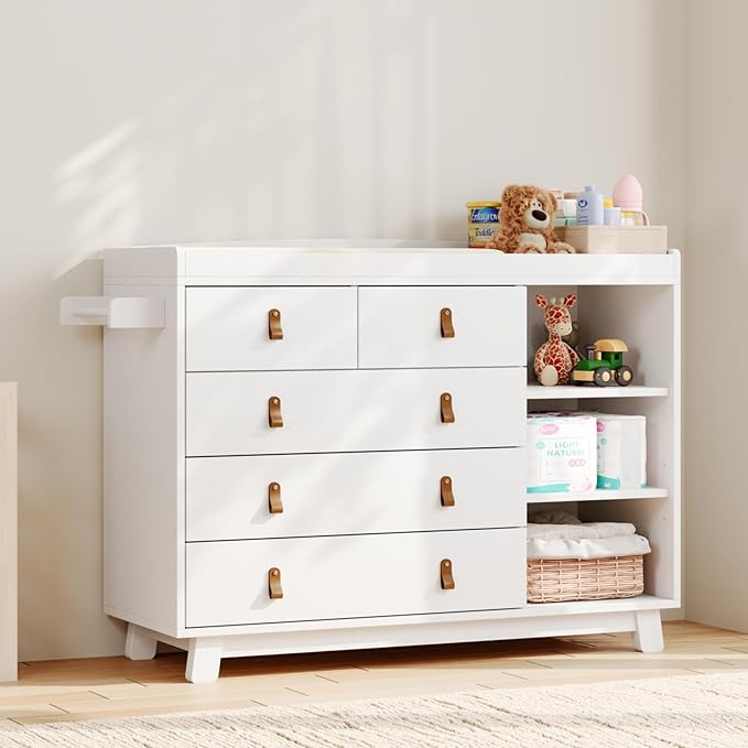 Baby Dresser with Changing Table Top, Baby Changing Table Dresser with 5 Drawers and Adjustable Shelves, Multi-Functional Diaper Changing Station, Nursery Organizer for Kids Bedroom, White