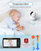 iFamily Baby Monitor with 2 Cameras | Remote Pan-Tilt-Zoom Video Baby Monitor with Camera and Audio, 5” Large Display, Night Vision, Temperature Display, Lullaby, 2 Way Audio & 960ft Range