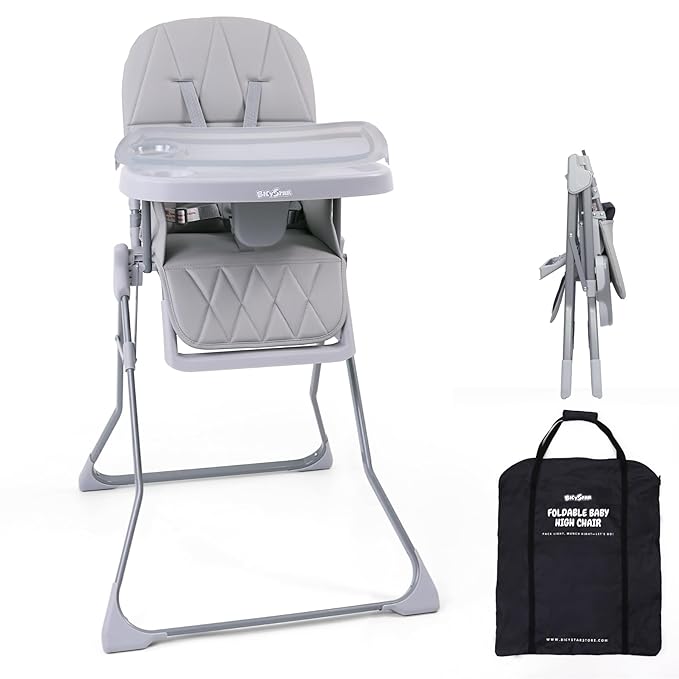 Foldable Baby High Chair with Easy Clean Double-Layer Tray, Adjustable Foot Rest, Safety First 5 Point Harness, Compact Space Saver Baby Feeding Chair Portable for Travel