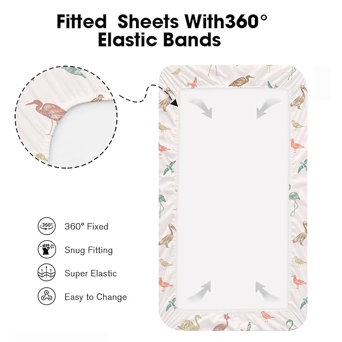 Bimocosy Mini Crib Sheets,Pack and Play Sheets for Baby Girl Boy 4 Pack,Size 38"x 26" for Playard Mattress,Portable Mini Crib,Soft Pack N Play Sheets Fitted,Wetland Birds/Squirrel/Mauve/Fog Blue