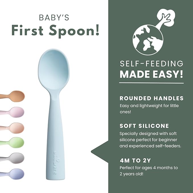 Miniware Silicone Baby Spoon for Training - BPA Free Baby Utensils - Baby Spoons Self Feeding 6 Months | 100% Food Grade Silicone - Modern & Dishwasher Safe Toddler Spoons (Aqua and Pistachio)
