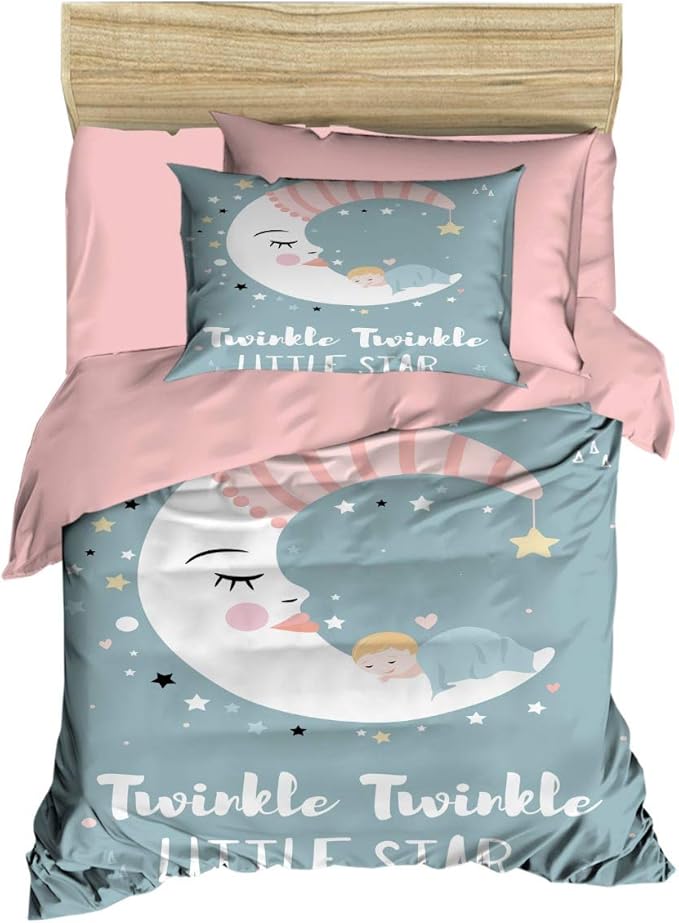 100% Cotton Baby Bedding Moon Themed Nursery Baby Bed Set, Toddlers Crib Bedding for Baby Girls, Duvet Cover Set with Comforter, 5 Pieces