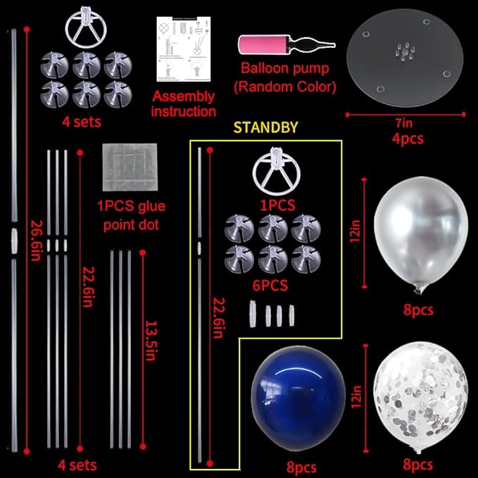 TONIFUL 4 Set Navy Blue Silver Balloon Centerpieces for Table,Balloon Stand Kit for Graduation Decoration 2025,Retirement Party Decorations,Men’s Birthday Decorations,Father's Day