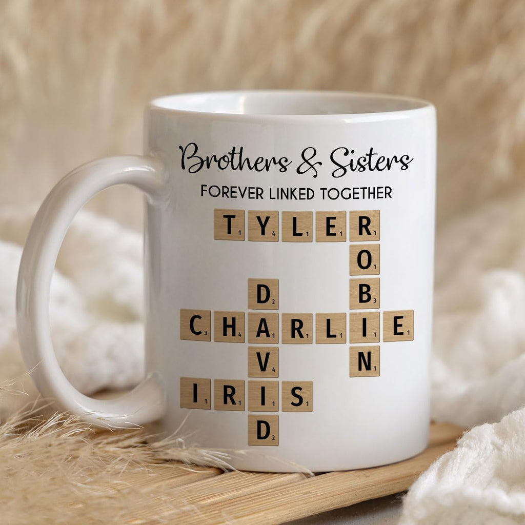 Family Forever Linked Together Custom Names Ceramic Mug, Crossword Puzzle Art, for Birthday, Anniversary or Special Occasions (Brothers & Sisters Forever Linked Together White Mug Ver 2)