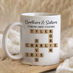 Family Forever Linked Together Custom Names Ceramic Mug, Crossword Puzzle Art, for Birthday, Anniversary or Special Occasions (Brothers & Sisters Forever Linked Together White Mug Ver 2)