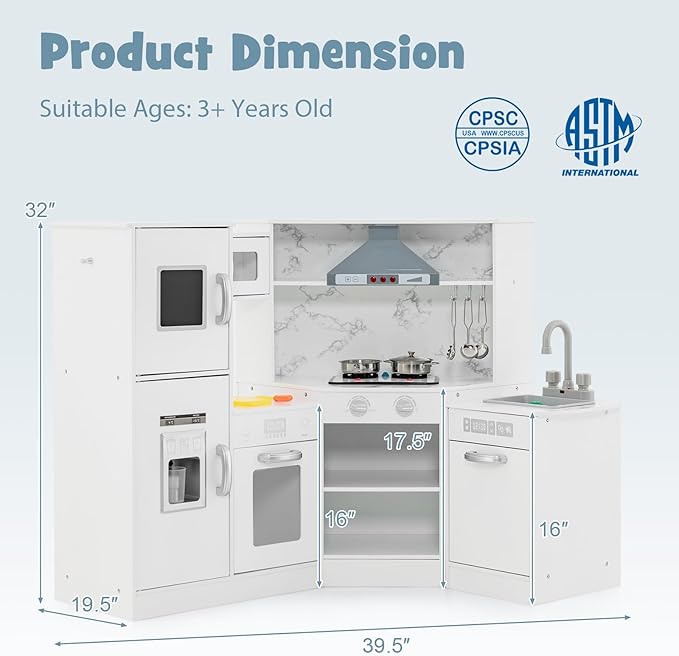 Costzon Kids Kitchen Playset, Pretend Cooking Toys w/Washing Basin, Real Lights & Sounds, Microwave, Oven, Blackboard, Ice Maker, Range Hood, Stoves, 2-PieceCorner Wooden Play Kitchen for Kids 3+