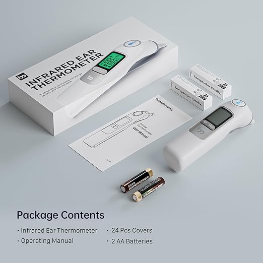 Ear Thermometer, Highly Accurate Ear Thermometer for Kids, Adults and Babies, 30 Memory Recall, 1s Result and 3-Color Fever Alert, with 24 Disposable Probe Covers, Gray