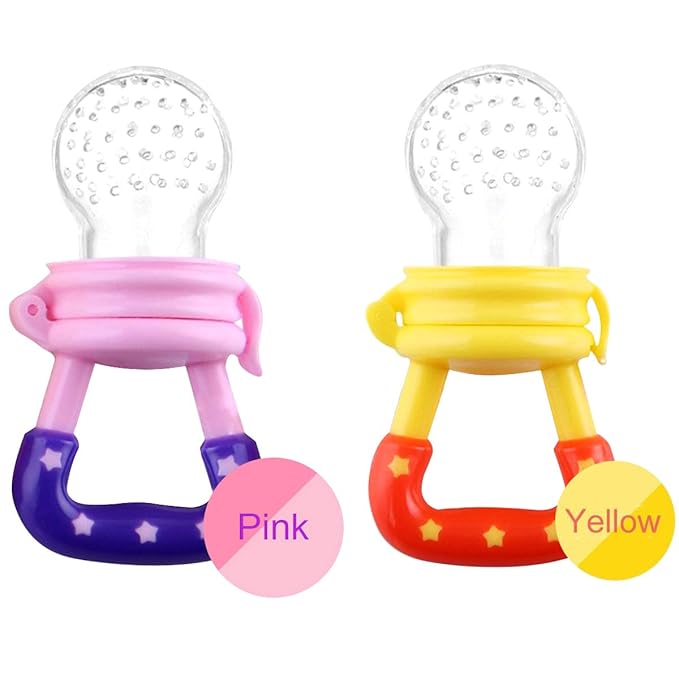 Baby Fruit Feeder by HAOBAOBEI, Frozen Teething Toys for Babies, Fruit Pacifier Feeder with 4 Sizes Silicone Pouches, Eating Essentials, BPA Free Feeding Supplies -2 Pack (Pink Yellow)