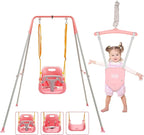FUNLIO 2 in 1 Swing Set for Toddler & Baby Jumper, Heavy Duty Kids Swing & Bouncer with 4 Sandbags, Foldable Metal Stand for Indoor/Outdoor Play, Easy to Assemble and Store - Pink