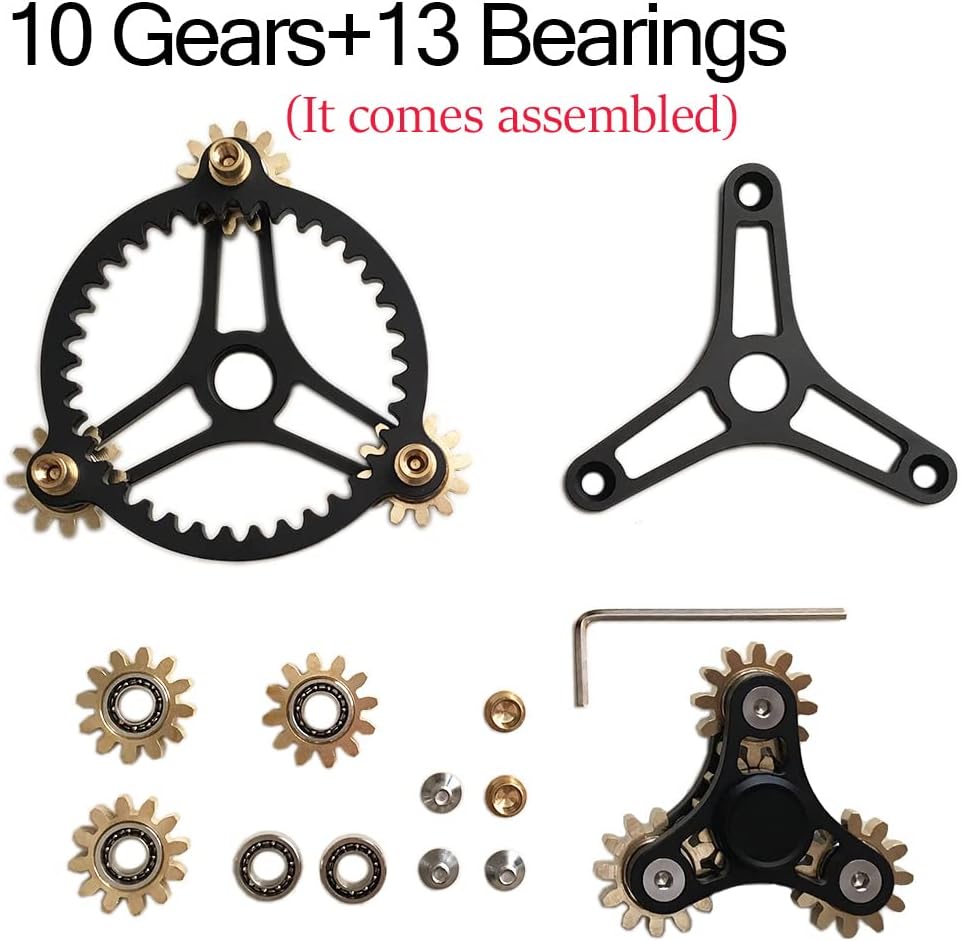 Pure Brass Fidget Spinner Gears Linkage Fidget Gyro Toy Metal DIY Hand Spinner Spins Long Time EDC Focus Meditation Break Bad Habits ADHD with Multiple Premium Bearings (13 Bearings Black)