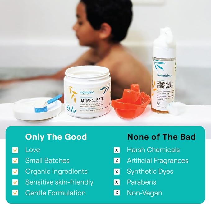 Mambino Organics Soothing Bath Set, Organic Oatmeal Bath Soak, Soothe Me Shampoo & Body Wash, and Calming Oil, Gentle for Sensitive Skin, Vegan, Baby Bath Essentials, 3-Pack, 5.5 oz Each