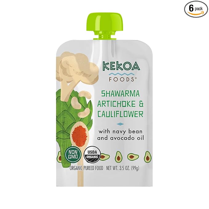 Kekoa Foods Shawarma, Artichoke & Cauliflower Baby Food Purée | 100% USDA Certified-Organic Vegetarian | Organic, Non-GMO, Gluten-Free, Vegan | Flavorful & Nutritious First Food for Babies | 3.5 oz
