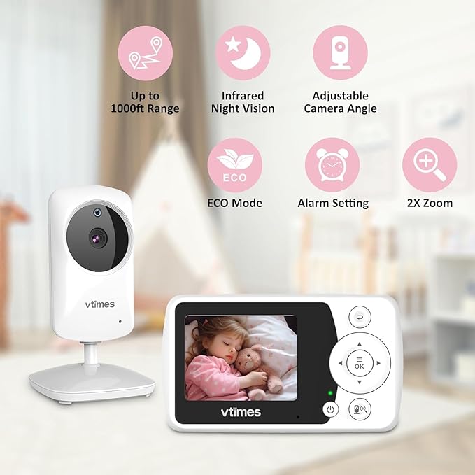 Baby Monitor with 2 Cameras, 2.4" LCD Screen Video Baby Monitor No WiFi Night Vision VOX Mode Alarm and 1000ft Range, Peace of Mind for New Parents