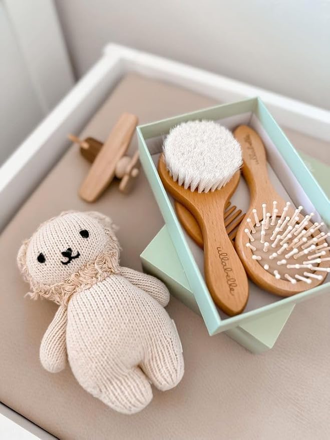 3 Piece Wooden Baby Hair Brush and Comb Set for Newborns & Toddlers in Chic Gift Box - Ultra Soft Natural Goat Hair and Wood Baby Brush Set Prevents Cradle Cap - Perfect Registry Gift (Sage)
