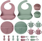Silicone Baby Feeding Set, 18PCS Baby Led Weaning Supplies, Eating Essentials Utensils with Suction Plate and Bowl, Adjustable Silicone Bib, for 6+ Months (Pink+Green)