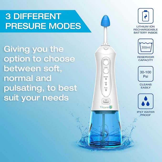 Nasal Irrigation System by Tilcare - Perfect Nasal Rinse Machine for Sinus & Allergy Relief - Electric Neti Pot for Nasal Irrigation to Cleanse Your Stuffy Nose - Comes with a Towel and 30 Salt Packs