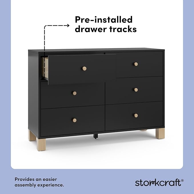 Storkcraft California 6-Drawer Double Dresser (Black with Driftwood) - GREENGUARD Gold Certified, Interlocking Drawer System, Dresser Drawer Organizer for Kids Bedroom