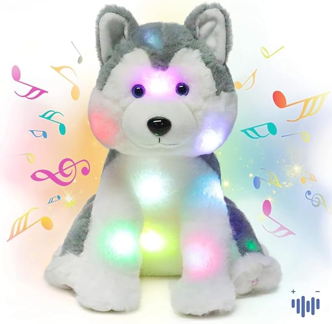 Hopearl LED Musical Stuffed Husky Lighting Up Singing Plush Dog Adjustable Volume Lullaby Animated Soothe Birthday Festival for Kids Toddler Girls, Gray, 12''