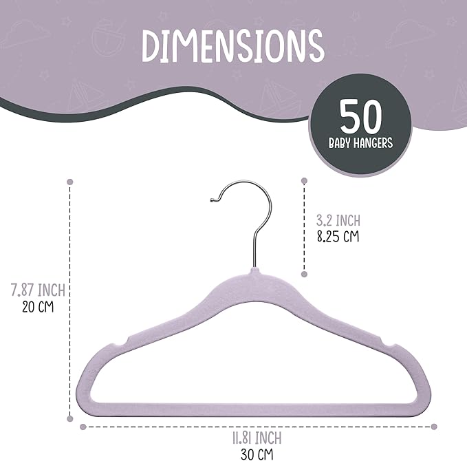 50 Premium Velvet Baby Hangers 11.8" Inch Non-Slip Infant, Ultra Slim Space-Saving Children Closet Hangers, 360° Swivel Hook, Strong & Durable Baby Toddler Kids Clothes Hanger, Purple