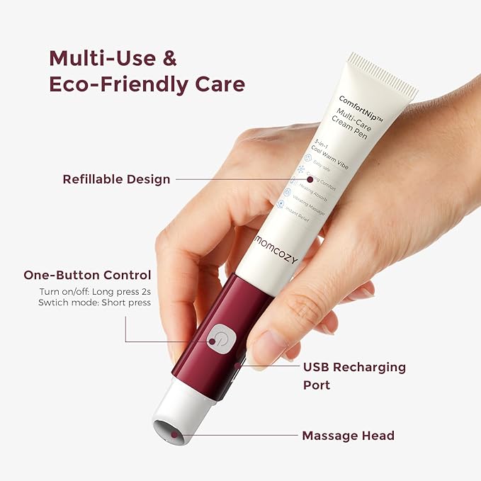 Momcozy ComfortNip™ Multi-Care Nipple Cream Pen, 3-in-1 Heat/Cool/Vibe Rechargeable Portable Nipple Pen with Botanical Nipple Cream, Touch Free 316 Steel Head for Breastfeeding Pain Relief