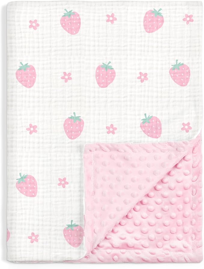 Strawberry Baby Blankets for Girls, Soft Nursery Minky Blankets with Muslin and Dotted Fleece Back 30x40 inches, Receiving Bed Quilt for Newborn, Infants, Toddlers