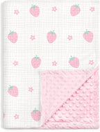 Strawberry Baby Blankets for Girls, Soft Nursery Minky Blankets with Muslin and Dotted Fleece Back 30x40 inches, Receiving Bed Quilt for Newborn, Infants, Toddlers