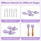 Silicone Baby Feeding Set Essentials,13 Pcs,Baby Led Weaning Supplies, Baby Spoons Suction Bowl Divided Plate Bib Cup Finger Brush,First Stage Solid Food Eating Utensils - 6 Months + (Blue Gray)