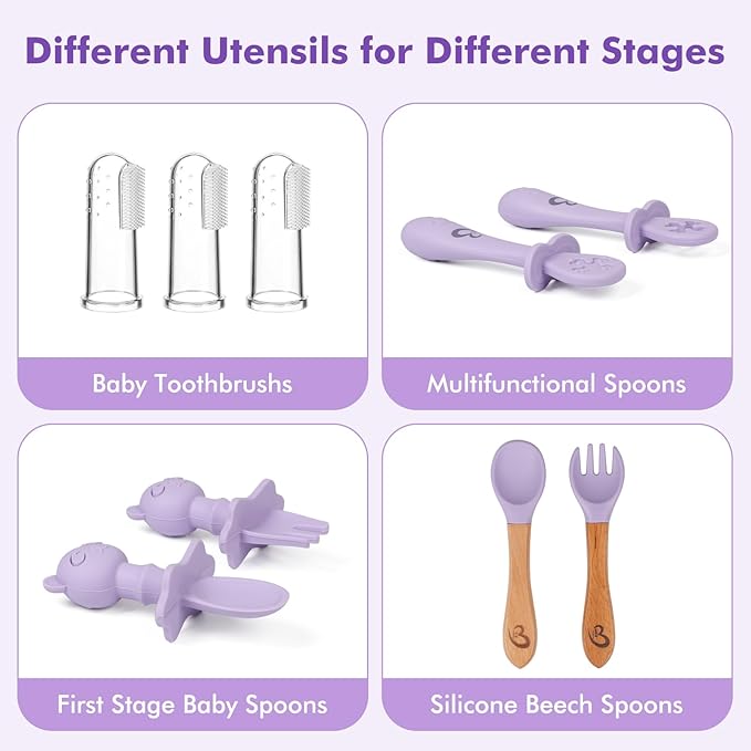 Silicone Baby Feeding Set Essentials,13 Pcs,Baby Led Weaning Supplies, Baby Spoons Suction Bowl Divided Plate Bib Cup Finger Brush,First Stage Solid Food Eating Utensils - 6 Months + (Blue Gray)