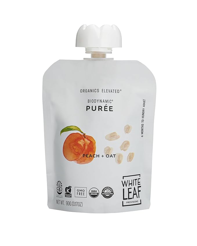 White Leaf Provisions Organic Purees/Baby Food Pouches - Fruits, Veggies & Grains, Toddler snack, Regeneratively Farmed, No Added Sugar, Non-GMO, BPA-Free Pouches 3.17 oz (Pack of 24, Peach + Oat)