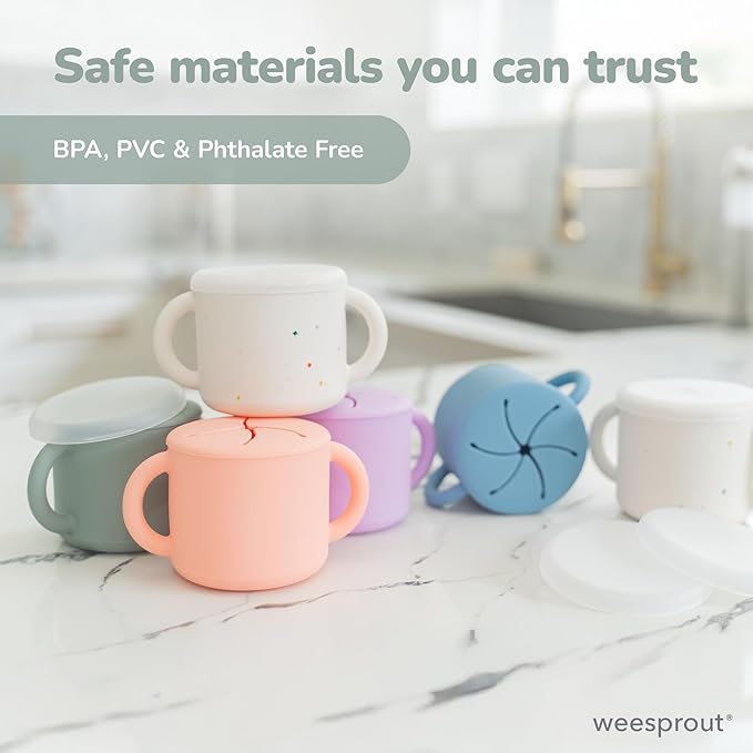WeeSprout Snack Containers, Food Grade Silicone Cups, Spill-Proof Tops For Toddlers and Babies, Premium Hard Plastic Travel Lids, Dishwasher Safe, Set of 2 Snack Catchers