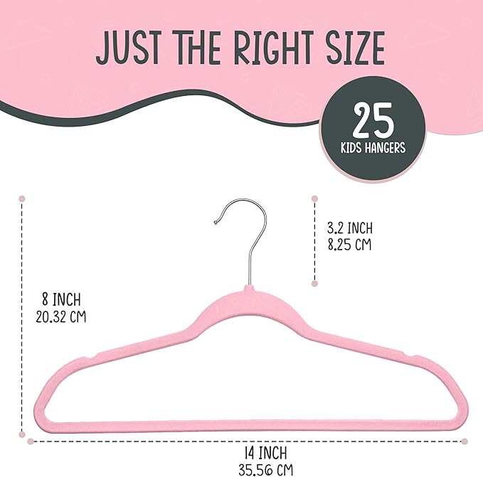 25 Premium Kids Velvet Hangers - 14" Non-Slip Clothes Hangers for Kids & Preteens - Ultra Slim, Space-Saving, Strong & Durable Hangers with 360° Swivel Hook - Pink