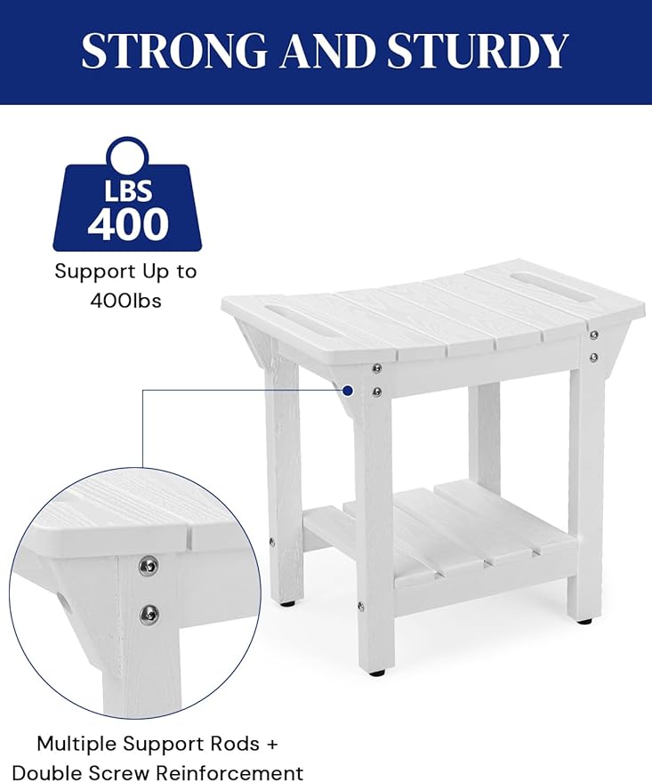 Waterproof Shower Bench, Poly Lumber Shower Stool for Shaving Legs, Shower Chair Seat with Storage Shelf and Handles, Bathroom Bench for Inside Shower, Non-Slip