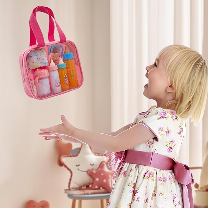Baby Doll Accessories Magic Bottle Set - 11 Pieces Doll Feeding Pretend Playset with Disappearing Milk & Juice Bottles, Pacifiers Bowl Diaper and Bib Doll Bottle Toys set Gift for Kids Girls Ages 3+