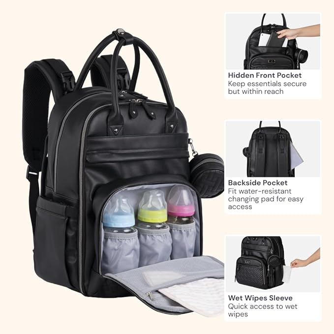 BabbleRoo Leather Diaper Bag Backpack - Baby Essentials Travel Baby Bag, Multi function, with Changing Pad, Stroller Straps & Pacifier Case – Unisex, Black