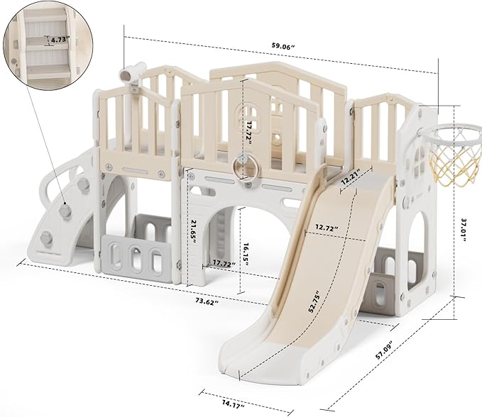 XJD 9 in 1 Toddler Slide Set, Kids Slide for Toddlers Age 1+, Toddler Climber Slide PlaySet with Basketball Hoop and Ball,Outdoor Indoor Playground for Toddlers 1-3 (Beige)