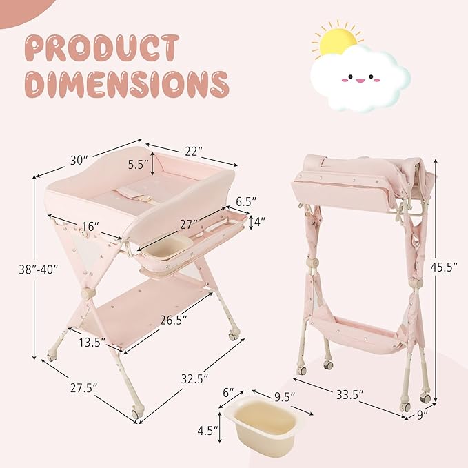 BABY JOY Portable Baby Changing Table, Foldable Diaper Changing Station w/Wheels, Adjustable Height, Large Storage Rack, Water Basin, Safety Belt, Mobile Nursery Organizer for Newborn Infant (Pink)