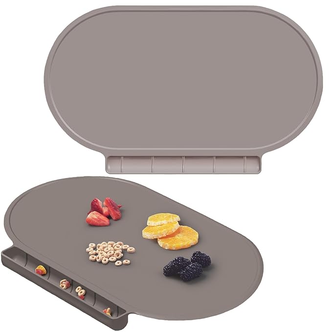 Silicone Placemat for Baby, Silicone Baby Toddlers Non-Slip Tablemats Stain Resistant Anti-Skid Reusable Dishwasher Safe Table Mats, Portable Food Mat Travel (2Pack, Gary)