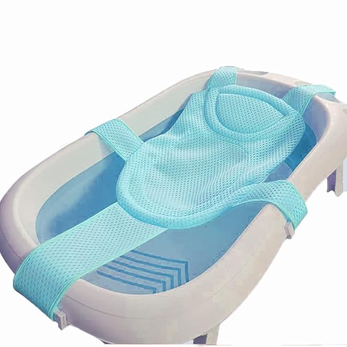 Breathable Mesh Newborn Baby Bath Mat Floating Foam Baby Tub Pillow Adjustable Non-Slip Bath Seat Pad Bath Cushion for Bathtub for 0-18 Months (Style 2-Blue(mesh)) (Blue)